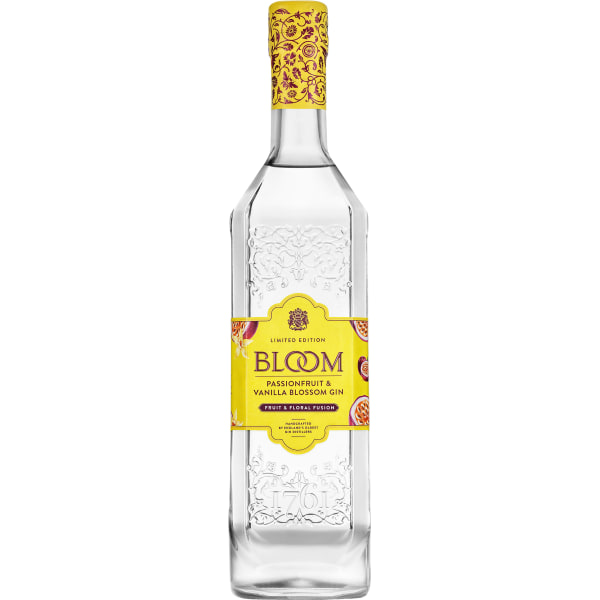 Clear glass bottle of Bloom Passionfruit & Vanilla Blossom Gin, featuring a vibrant yellow label with floral designs and a decorative yellow cap, 70 Cl size.