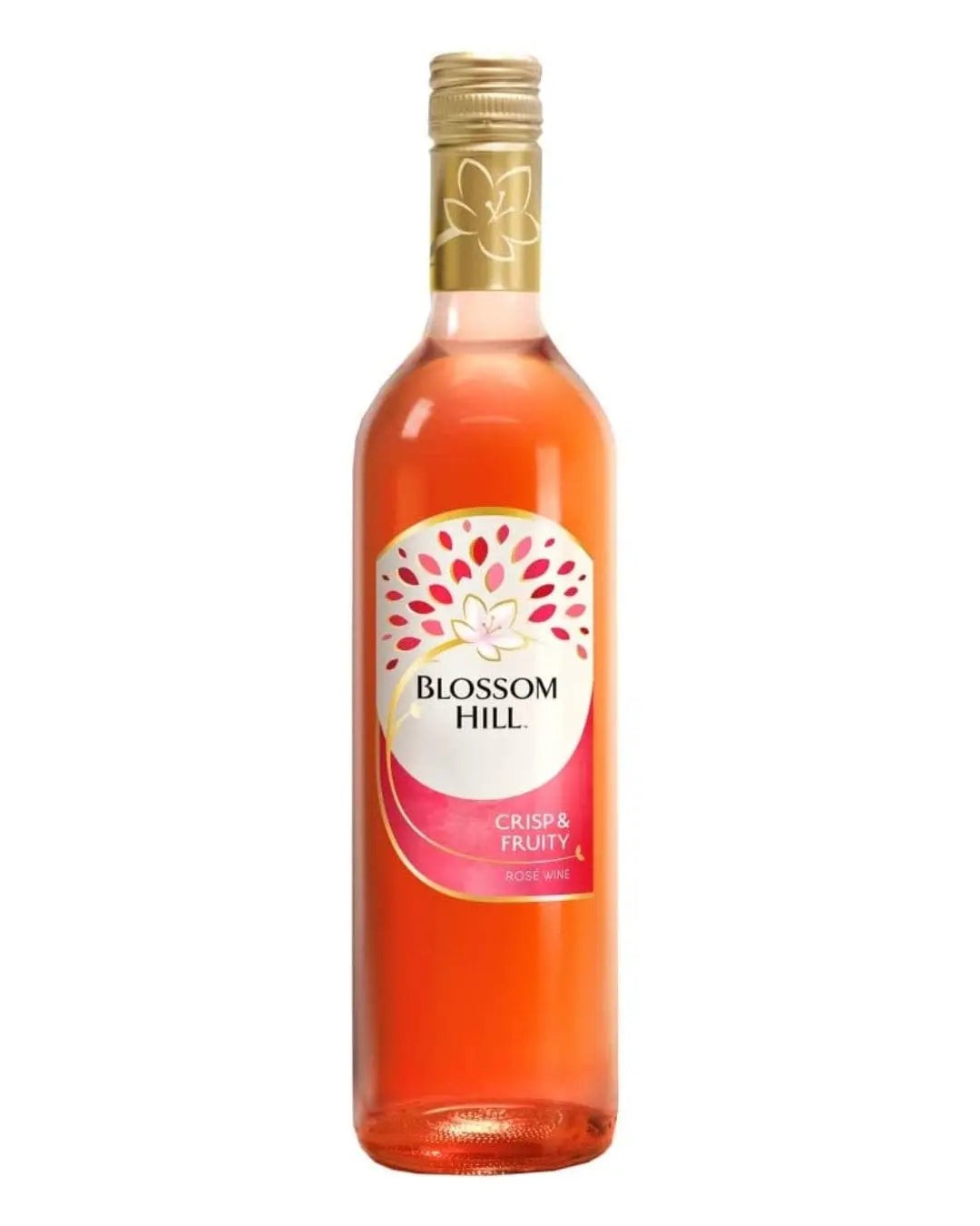 A clear glass bottle of Blossom Hill Classics Rose wine, featuring a pinkish hue, a white label with floral design, and a gold screw cap.