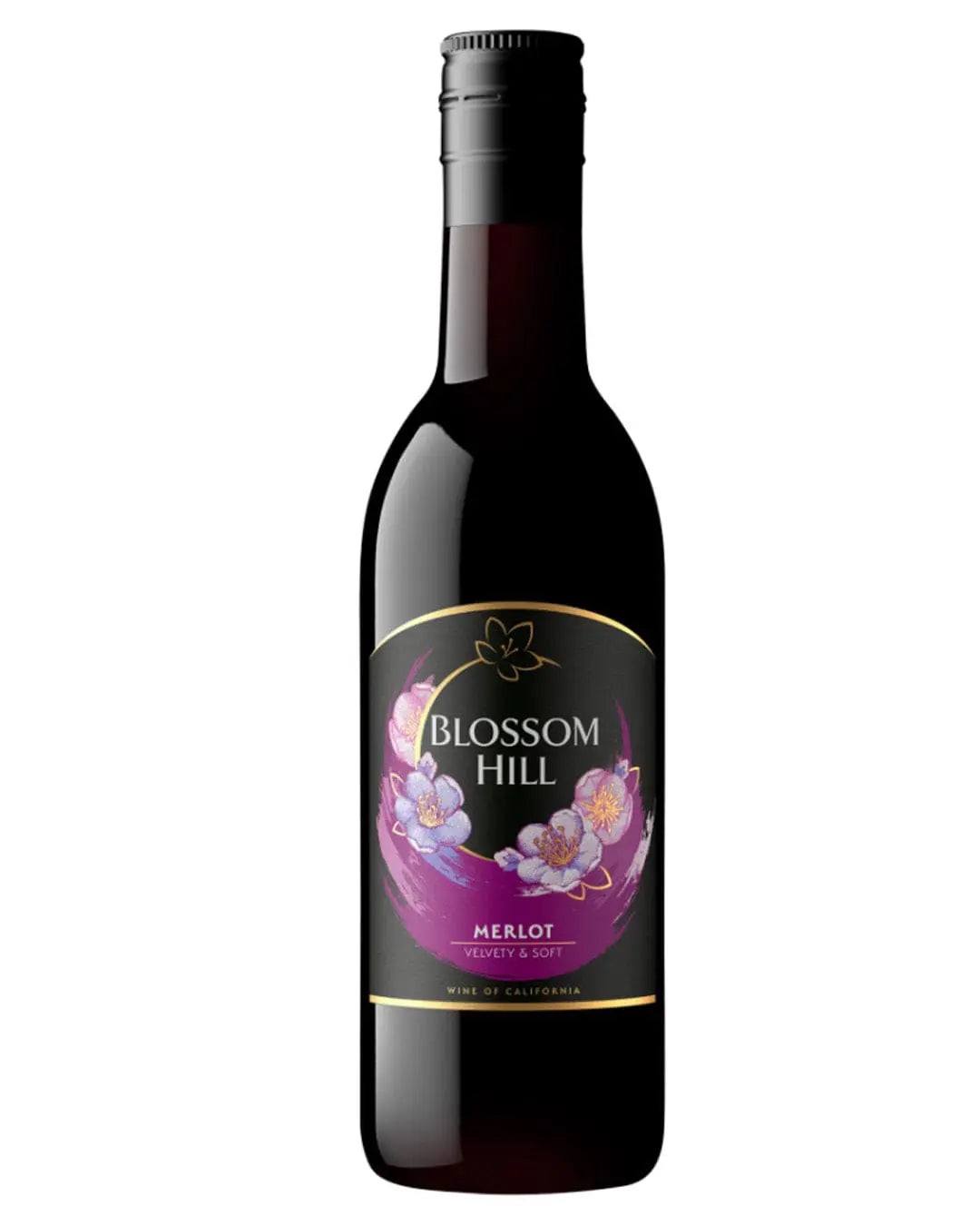 A 187 ml bottle of Blossom Hill Merlot featuring a dark glass body, a black label with purple floral designs, and gold accents highlighting the brand name and wine type.
