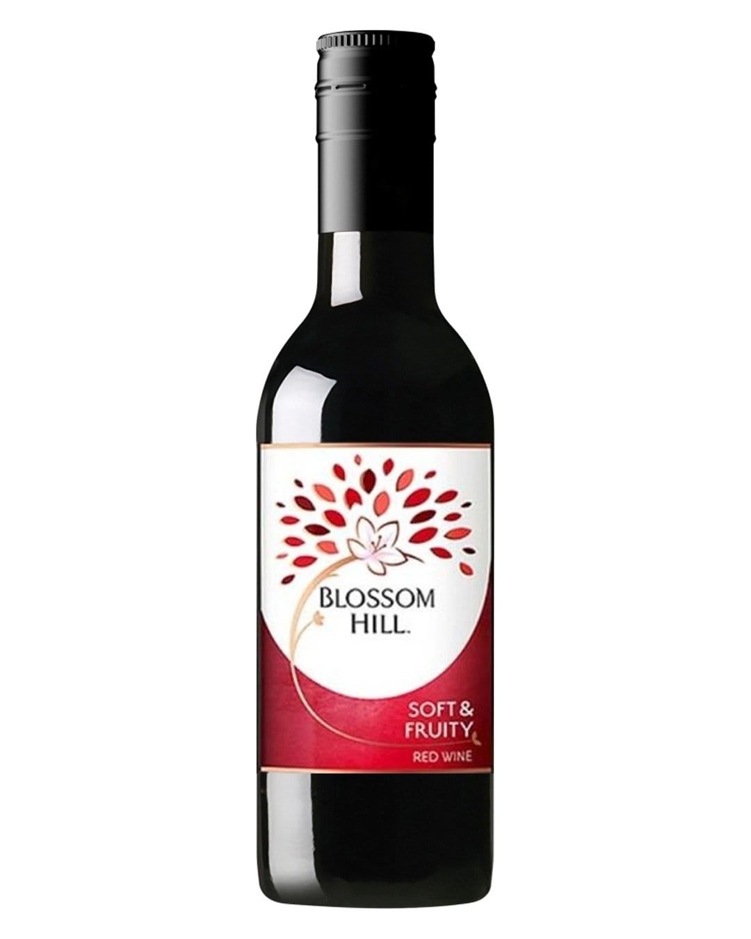 Blossom Hill Soft & Fruity Red Wine in a 187 ml glass bottle, featuring a black screw cap and a label with a red and white design, highlighting the brand name and wine type.