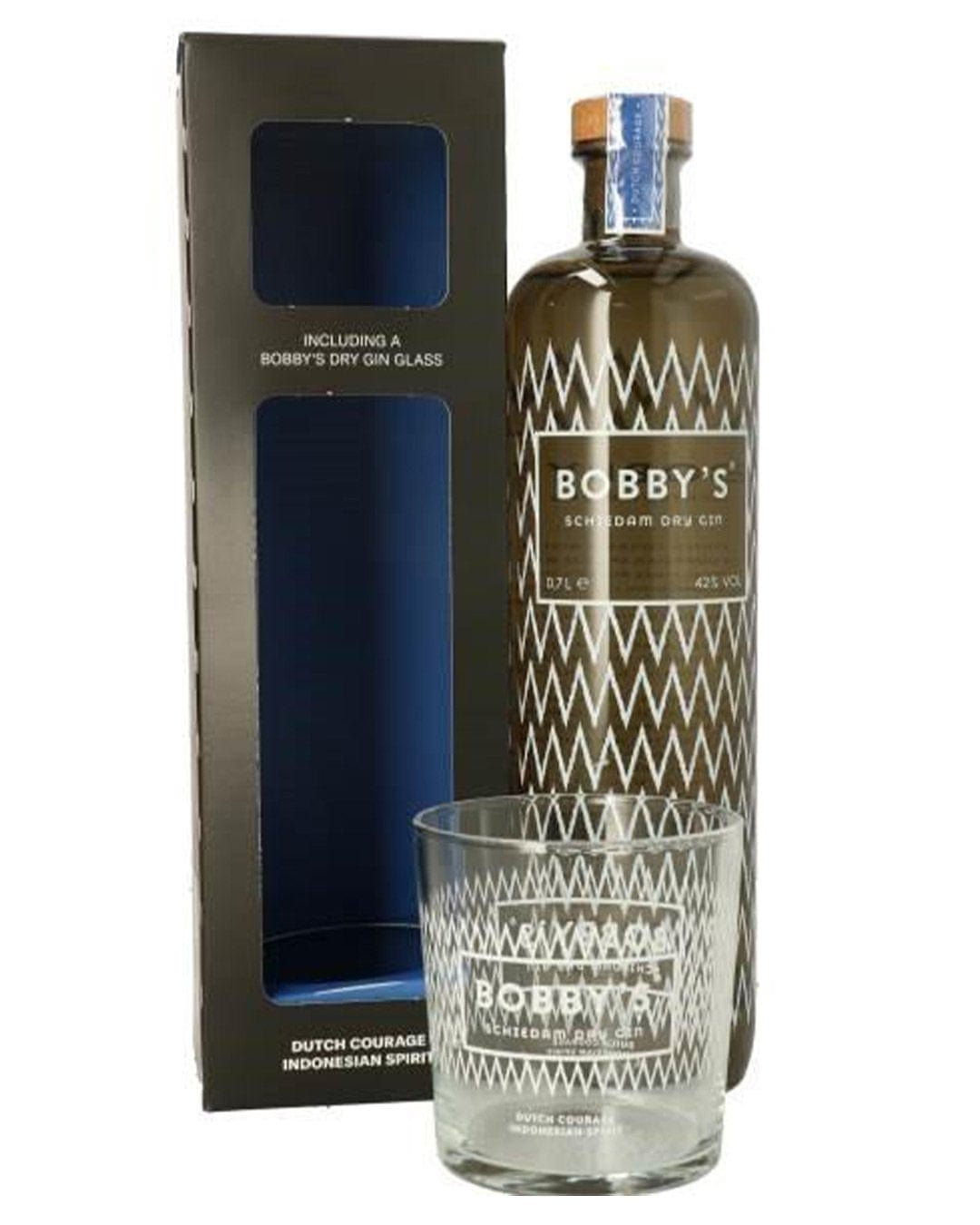 Bobby's Gin gift set featuring a 70 cl bottle with a geometric design and a matching dry gin glass, all presented in a sleek black box with a blue interior.