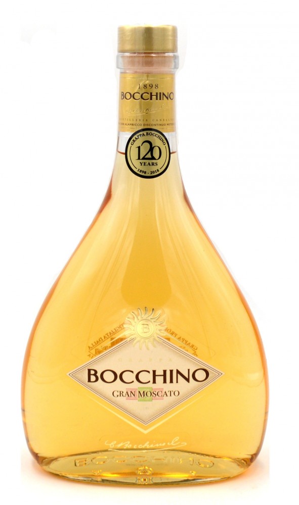 Bocchino Gran Moscato Stravecchia Grappa in a clear, curved glass bottle with a golden liquid, featuring a gold cap and a label highlighting "120 Years" and the brand name.