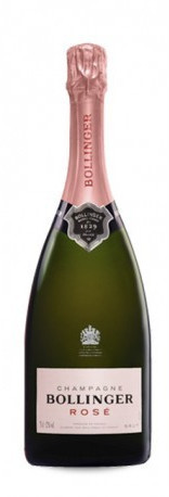 Bollinger Rosé half bottle (37.5 cl) featuring a dark green glass body, a pink foil capsule, and a classic label with elegant typography and a crest.