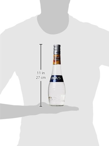 Clear glass bottle of Bols Cacao White Liqueur, featuring a silver cap and a blue label with white text, standing 11 inches tall.