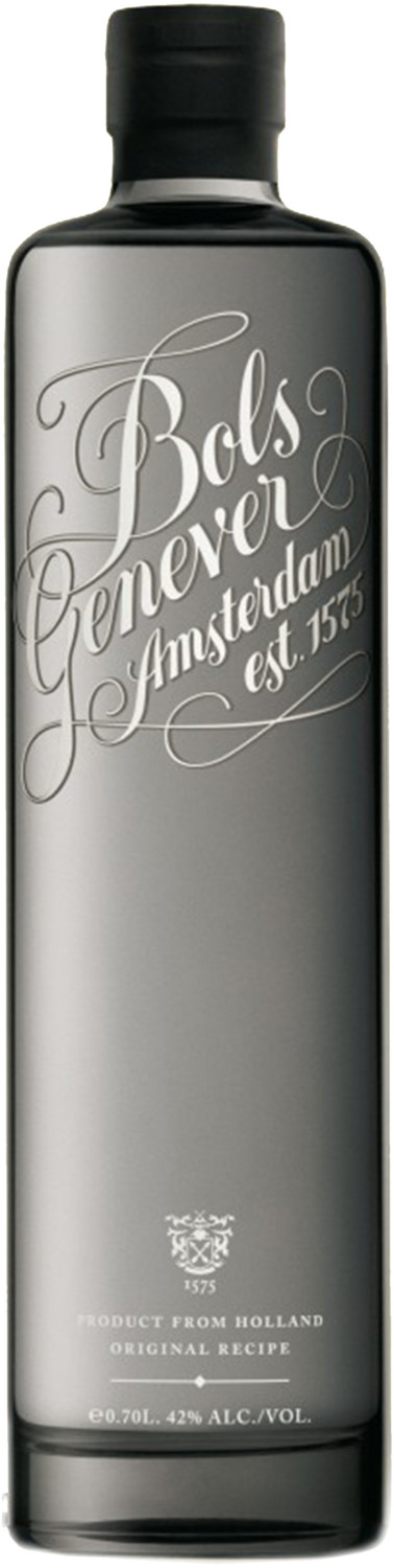 Bols Genever bottle in sleek, tall, dark glass with elegant silver lettering, featuring "Amsterdam est. 1575" and a crest, containing 42% alcohol by volume.