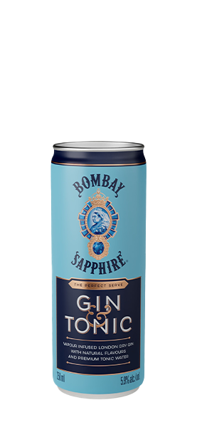 A light blue can featuring the Bombay Sapphire logo, labeled "Gin & Tonic," with gold accents, containing 250 ml of premixed cocktail, part of a 12-pack multipack.