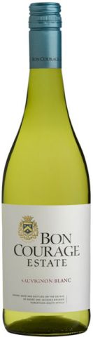 Green glass bottle of Bon Courage Estate Sauvignon Blanc 2021, featuring a silver-blue cap, a white label with gold accents, and the brand name prominently displayed.
