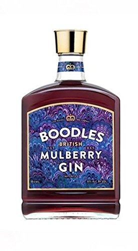 Boodles British Mulberry Flavoured Gin in a decorative glass bottle featuring a vibrant purple and blue label with gold accents, capped with a gold-colored lid.