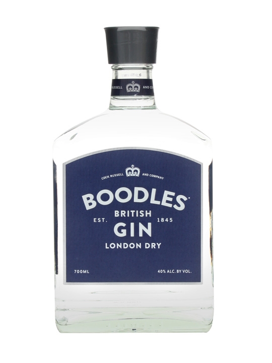 Clear glass bottle of Boodle's London Dry Gin, featuring a navy blue label with white text, crowned logo, and a 700ml capacity, showcasing a classic and elegant design.