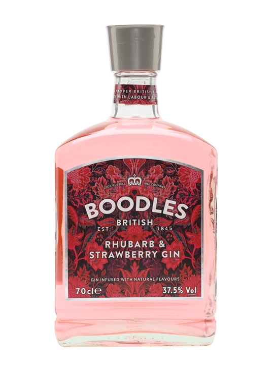 Boodle's Strawberry & Rhubarb Gin in a clear glass bottle, featuring a vibrant pink liquid, decorative red floral label, and a silver cap, labeled 70 Cl and 37.5% ABV.
