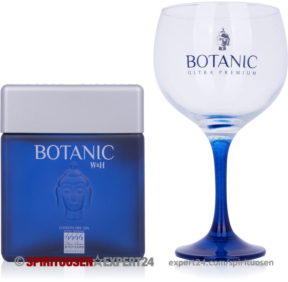 Botanic Cubical Premium London Dry Gin gift pack featuring a blue glass bottle and a large, elegant gin glass with a blue stem, both adorned with the Botanic logo.