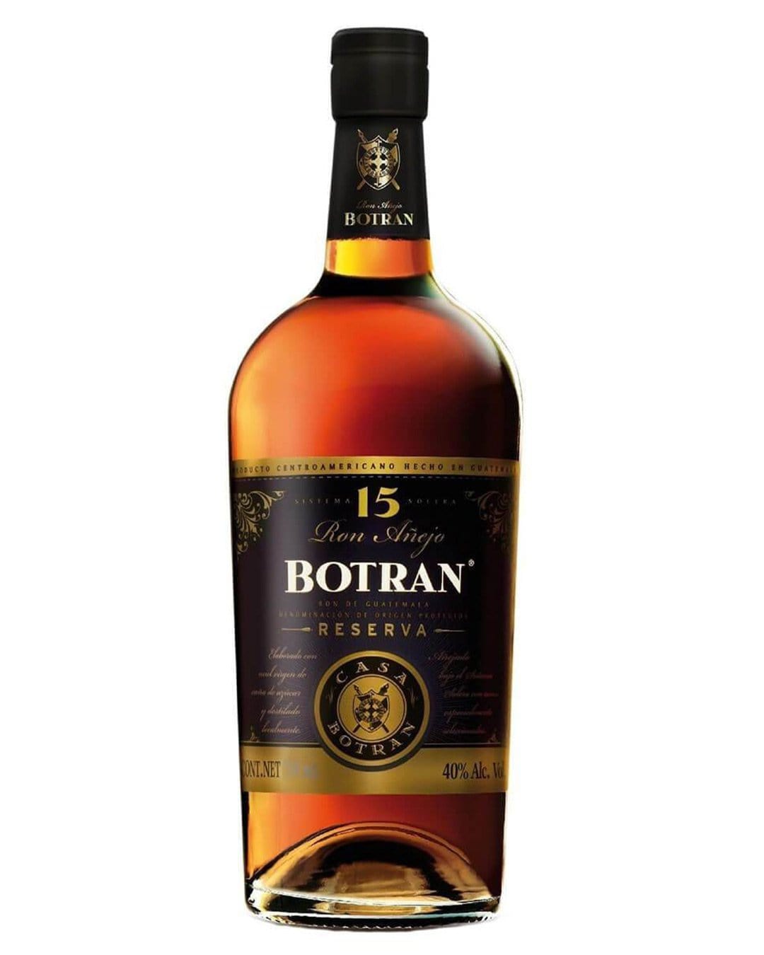 Botran Reserva 15 Year Old Anejo Rum in a tall, clear glass bottle with a black cap, featuring a rich amber liquid and elegant gold and black label detailing.