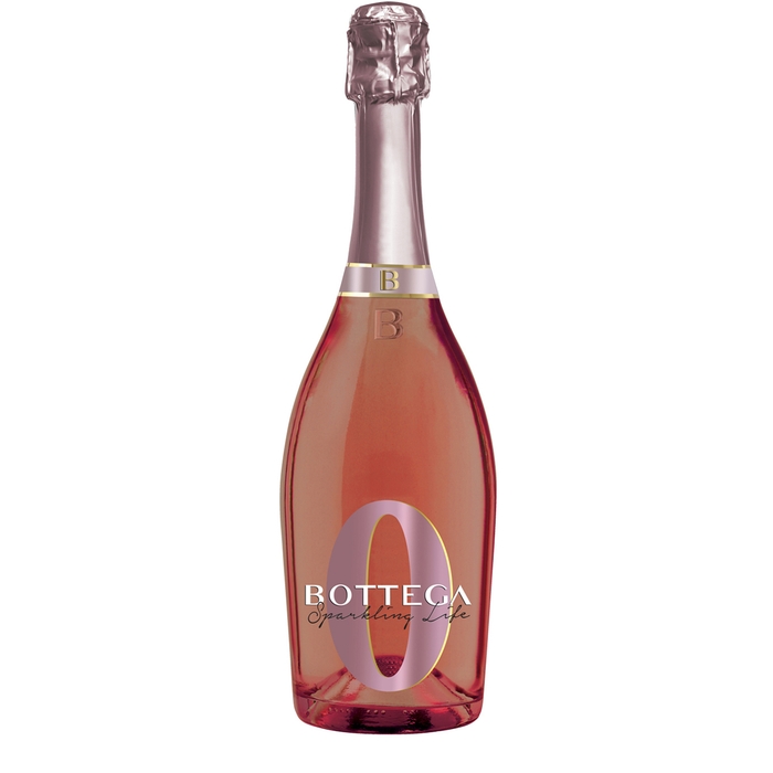 Bottega 0 Rose Non Alcoholic Sparkling Wine in a sleek, pink-tinted glass bottle with a cork, featuring a gold label and the number "0" prominently displayed.