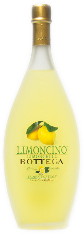 Clear glass bottle with a curved shape, filled with pale yellow limoncino liqueur, featuring a label with lemons and the text "Bottega Limoncino" in green and gold.