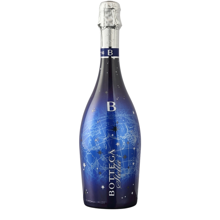 Bottega Stella Prosecco bottle features a sleek, dark blue design with a starry sky motif and a silver foil cap, showcasing the brand name prominently in elegant lettering.