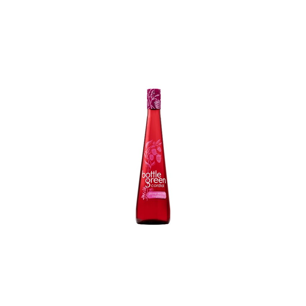 Bottle Green Plump Summer Raspberry Cordial multipack featuring six 500 ml glass bottles with a vibrant red liquid and decorative pink floral designs on the caps and labels.