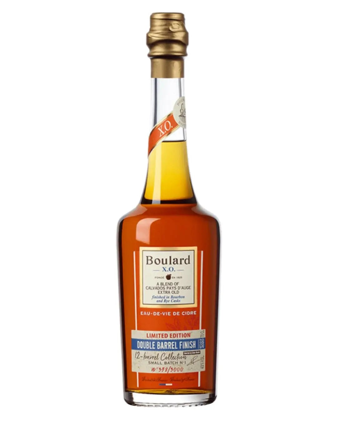Boulard XO Double Barrel Finish Calvados in a tall, elegant glass bottle with a cork stopper, featuring a rich amber liquid and a label with blue and gold accents.