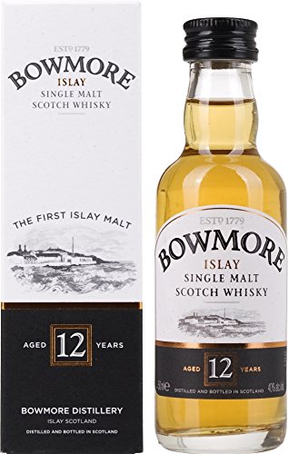 Bowmore 12 Year Old Whisky miniature bottle, 5 cl, featuring a clear glass bottle with a white label, black and gold accents, and a cardboard box with a scenic illustration.