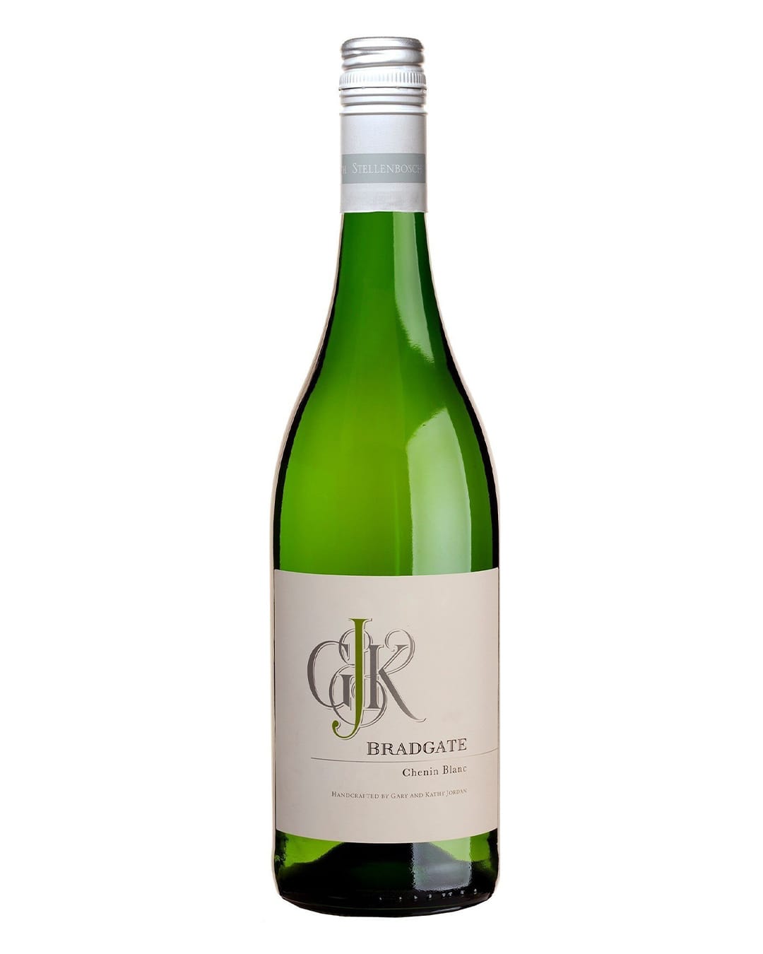 Clear green bottle of Bradgate Chenin Blanc, 75 cl, featuring a silver screw cap and a cream label with elegant green lettering and a logo.