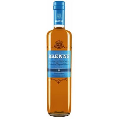 Brenne Estate Cask French Single Malt Whisky in a tall, clear glass bottle with a blue cap and label, featuring a golden amber liquid.