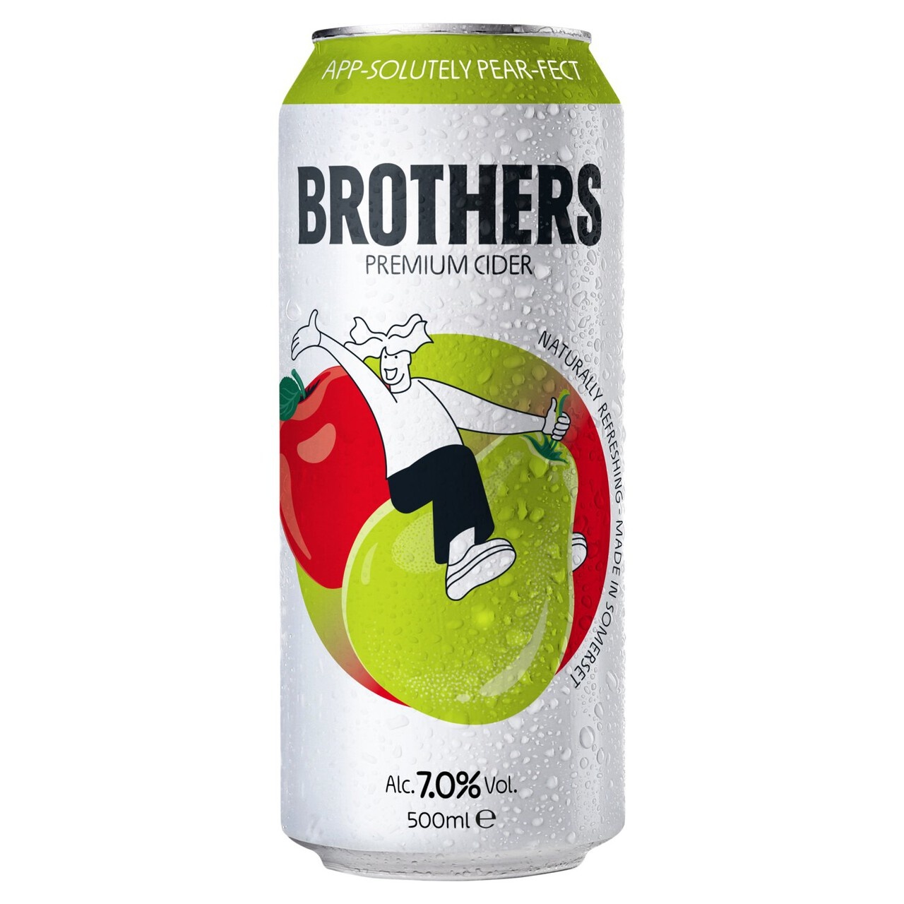 Silver can featuring vibrant red and green fruit graphics, labeled "Brothers Premium Cider," with 7.0% alcohol content and 500 ml capacity, showcasing a playful character.