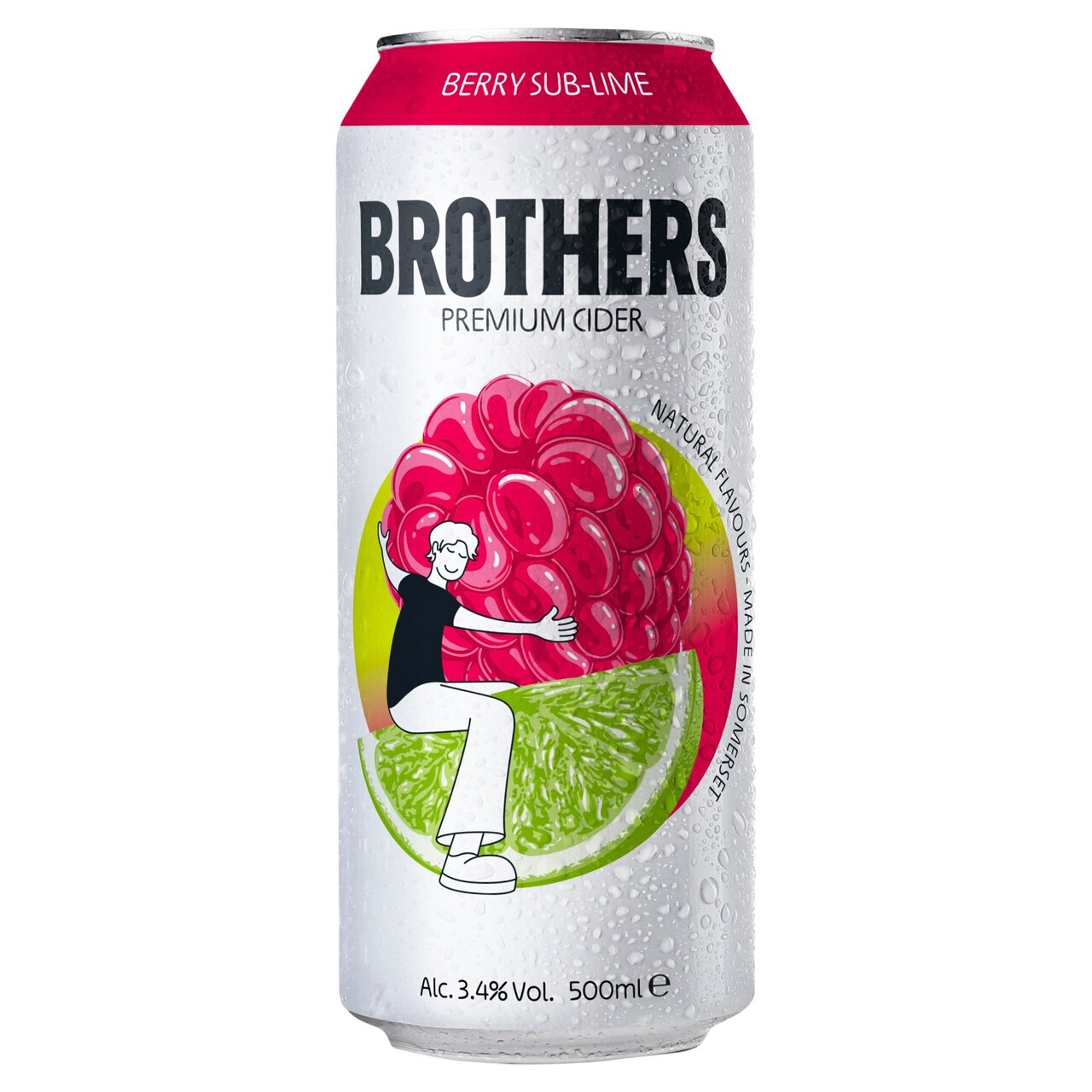 Silver can featuring vibrant pink raspberry and lime graphics, labeled "BROTHERS PREMIUM CIDER," with condensation and a 3.4% alcohol content, in a 10-pack of 500 ml cans.