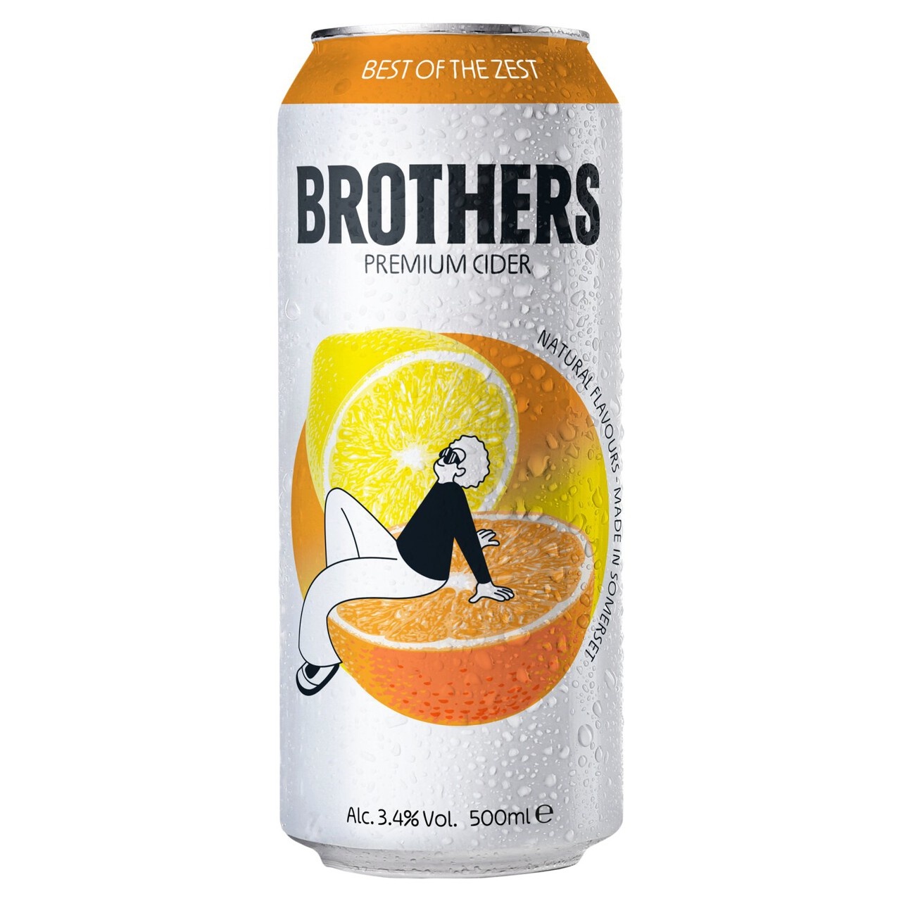 Brothers Best of the Zest cider can features a vibrant design with orange and lemon slices, a playful illustration of a person, and a silver background, indicating 3.4% alcohol content.