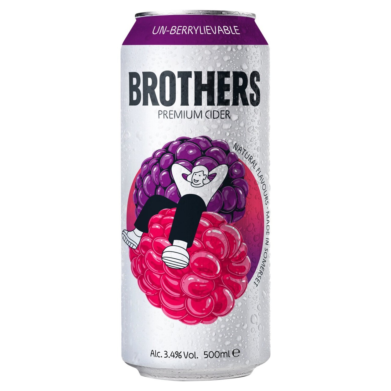 A silver can featuring vibrant purple and pink raspberry illustrations, labeled "Brothers Premium Cider" with a playful character, showcasing the product's fruity flavor.