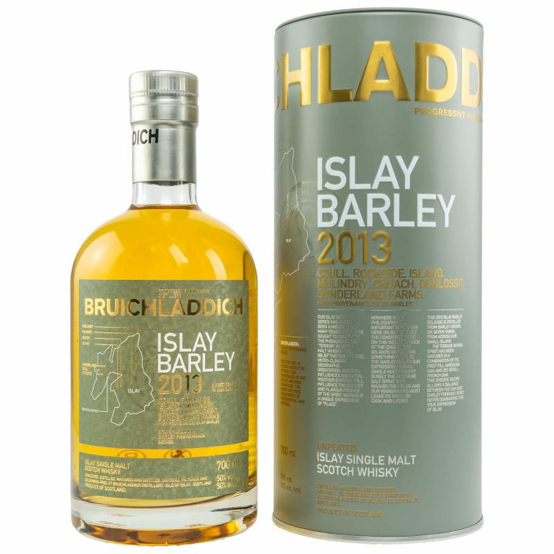 Clear glass bottle with a rounded shape, filled with golden whisky, labeled "Bruichladdich Islay Barley 2013," alongside a green cylindrical tube featuring detailed text and map graphics.