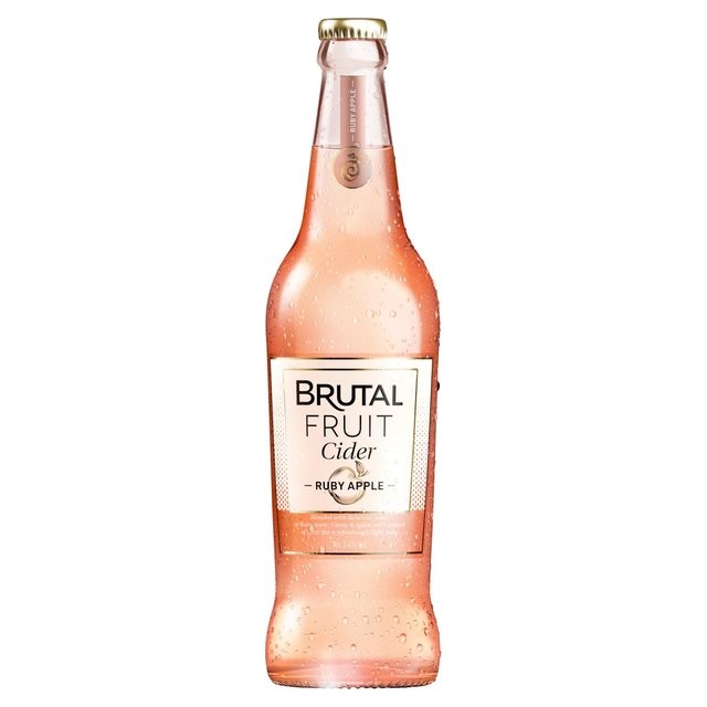 Brutal Fruit Ruby Apple Cider bottle, 500 ml, features a clear glass design, pinkish liquid, and a white label with gold accents, showcasing the brand name and flavor.