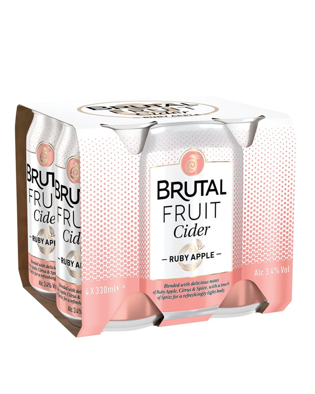 Brutal Fruit Ruby Apple Cider multipack featuring four 330ml cans, with a pink and white design, showcasing the brand logo and cider details prominently on the packaging.