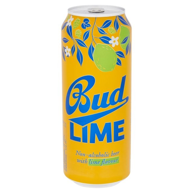 Bright yellow can featuring green lime graphics and floral designs, labeled "Bud LIME," indicating it's a non-alcoholic beer with lime flavor.
