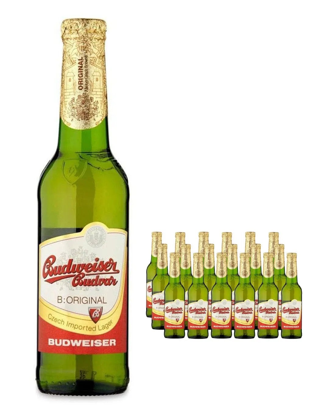 Green glass Budweiser Budvar beer bottles with gold foil caps, featuring a red and white label, arranged in a 24-pack with 330 ml each.