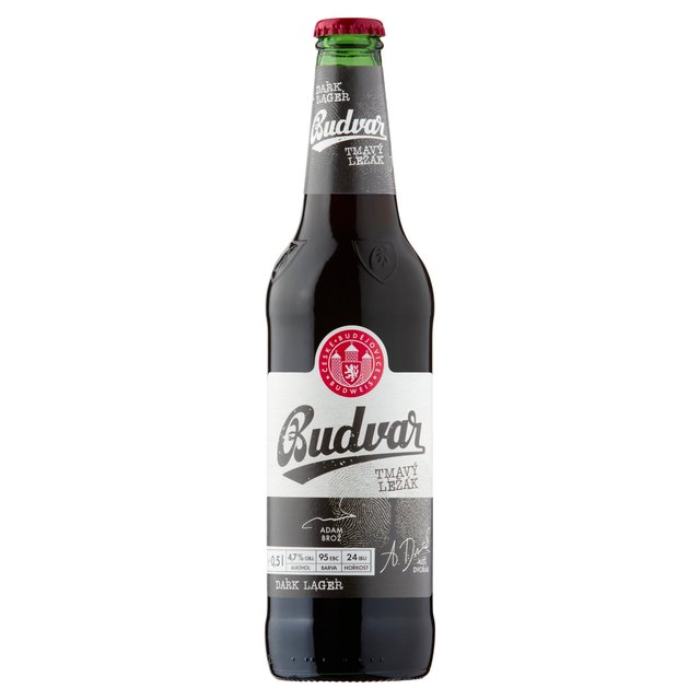 Budweiser Budvar Dark Beer multipack featuring 20 dark lager bottles, each 500 ml, with a distinctive dark brown glass, white and red label, and green cap.