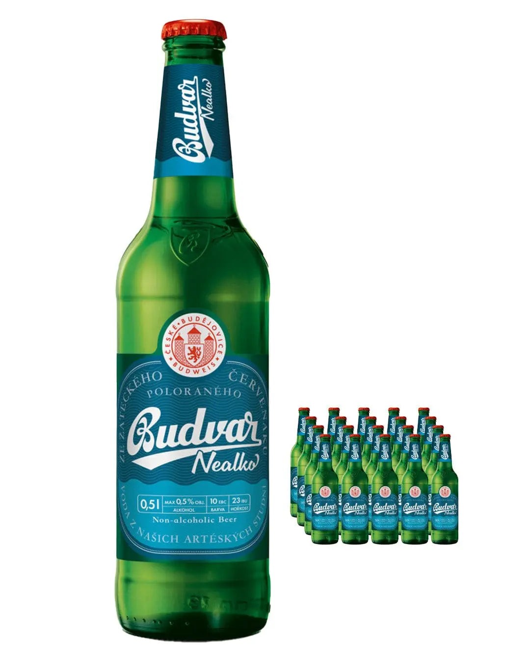 Green glass bottles of Budweiser Budvar Non Alcoholic Beer, featuring a blue label and red logo, arranged in a 20-pack, each bottle is 500 ml.
