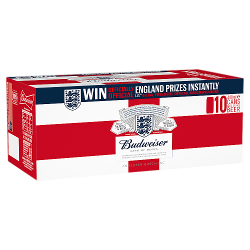 Red and white cardboard multipack featuring 10 cans of Budweiser Premium Lager, each 440 ml, with the Budweiser logo and promotional text for England prizes.