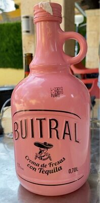 Buitral Tequila Rose Strawberry Cream Liqueur in a pink ceramic bottle with a handle, featuring a black label with the brand name and product details.