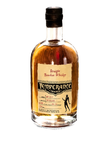 Clear glass bottle of Bull Run Distilling Co. Straight Bourbon Whiskey, featuring a light amber liquid, a cream label with black text, and a cork stopper.