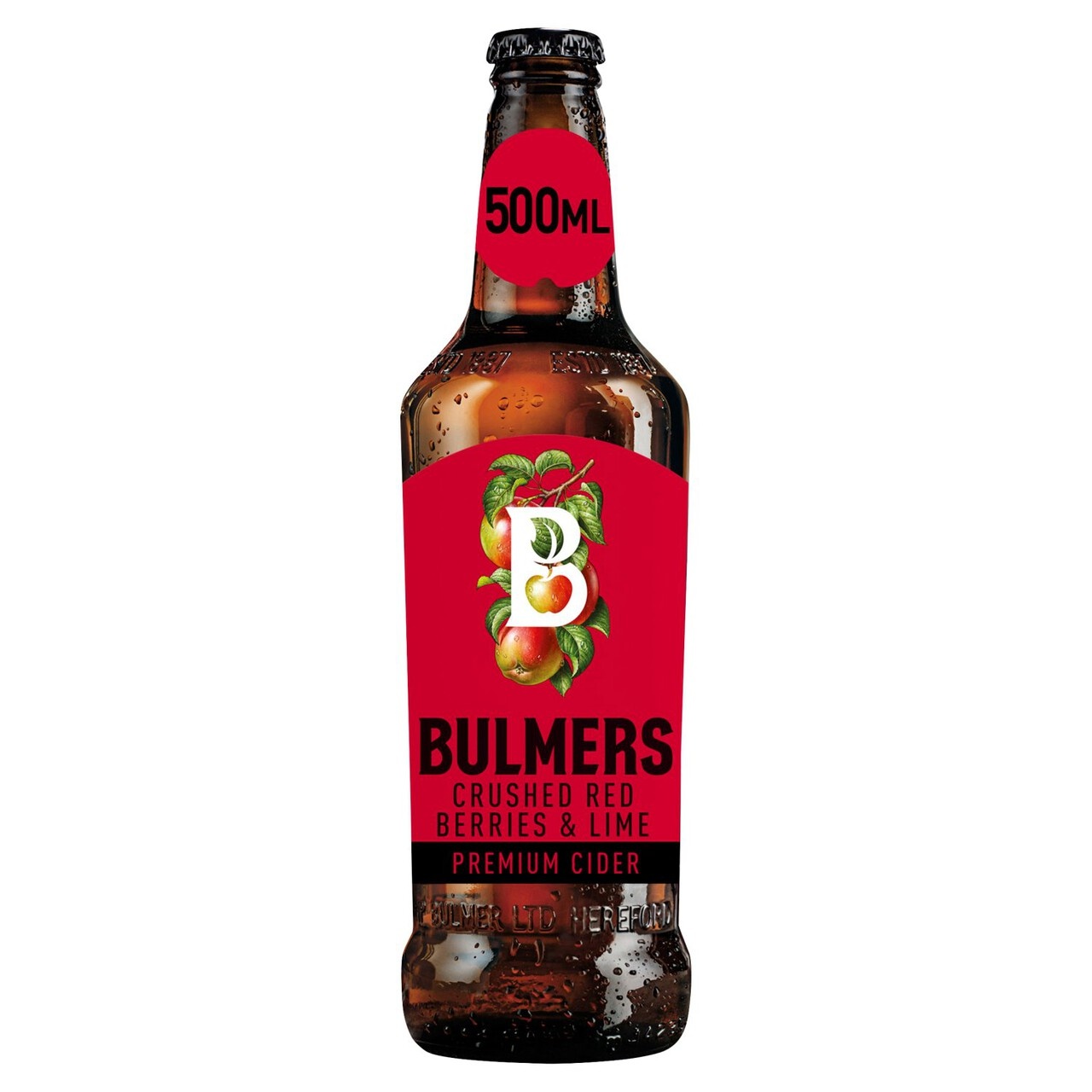 Bulmers Crushed Red Berries & Lime Cider bottle featuring a red label with green apple and berry graphics, 500ml size, glass bottle with condensation.