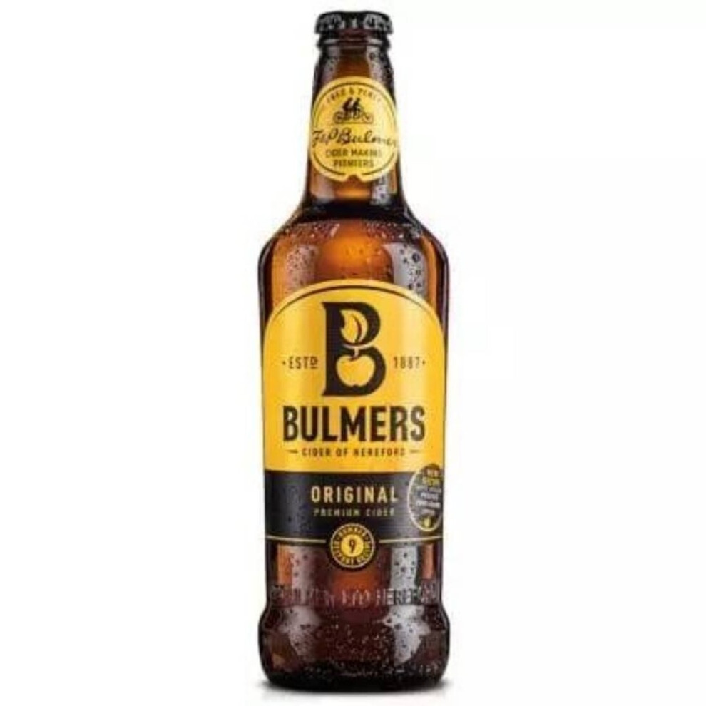 Bulmers Original Apple Premium Cider bottle features a brown glass design with a yellow label, showcasing the brand logo and product details, highlighting its refreshing cider appeal.