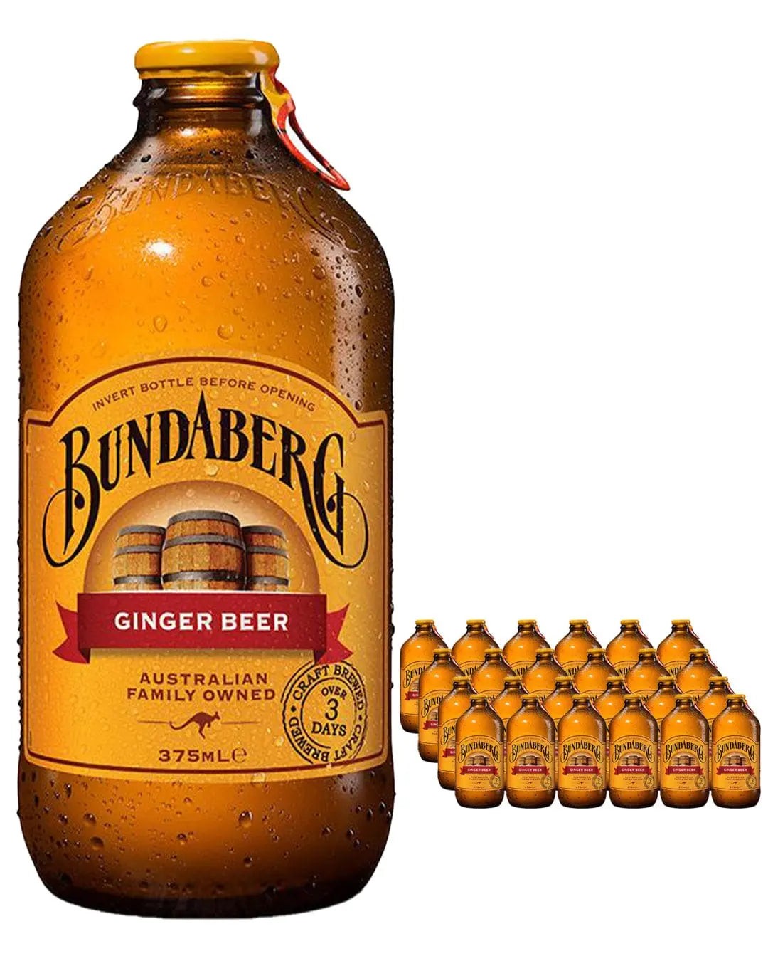 Amber glass bottle with a brown label featuring "Bundaberg Ginger Beer," surrounded by 24 smaller bottles, each 375 ml, showcasing a refreshing, fizzy beverage.