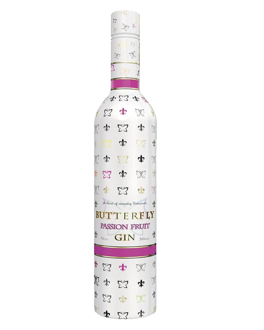 Butterfly Passion Fruit Gin bottle, 70 Cl, features a white cylindrical design adorned with colorful butterfly and fleur-de-lis patterns, highlighted by a gold label and pink accents.