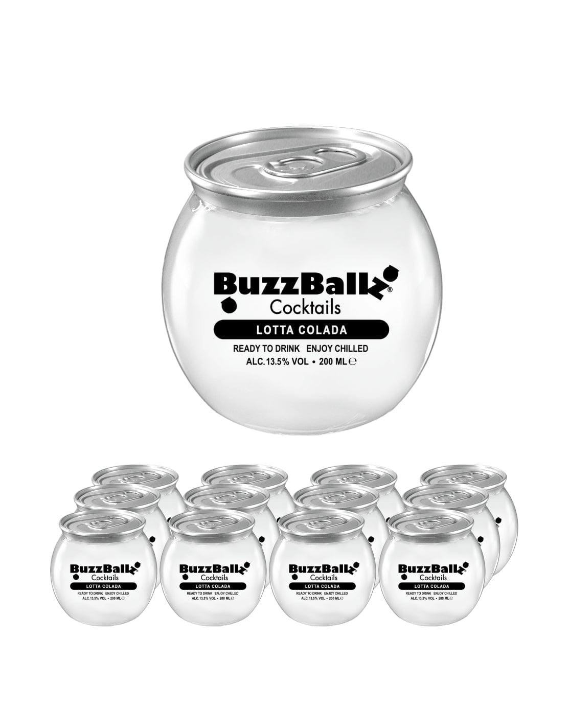 Twelve round, silver cans of BuzzBallz Lotta Colada cocktail, featuring a clear label with black text, arranged around a larger can, all in a white background.