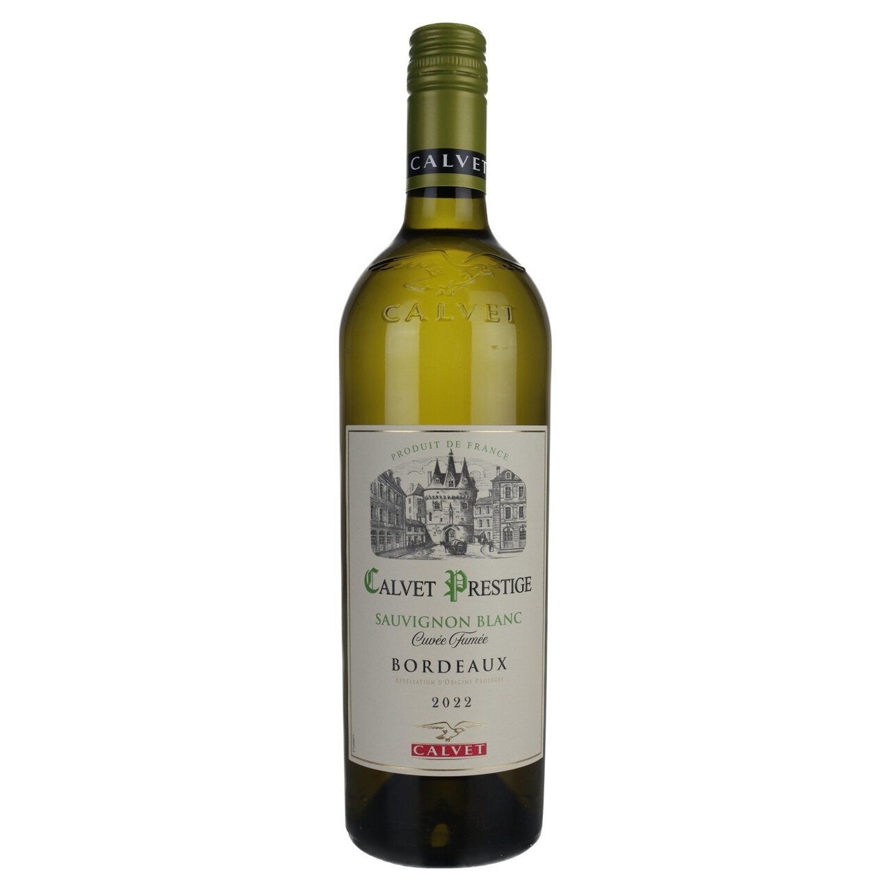 Clear glass bottle of Calvet Prestige Sauvignon Blanc, 75 cl, featuring a green tint, a white label with black text, and an illustration of a chateau, labeled Bordeaux 2022.