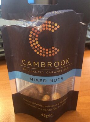 Cambrook Caramelised Mixed Nuts package, featuring a dark blue and orange design, with visible nuts inside, labeled "Mixed Nuts" and weighing 45g.