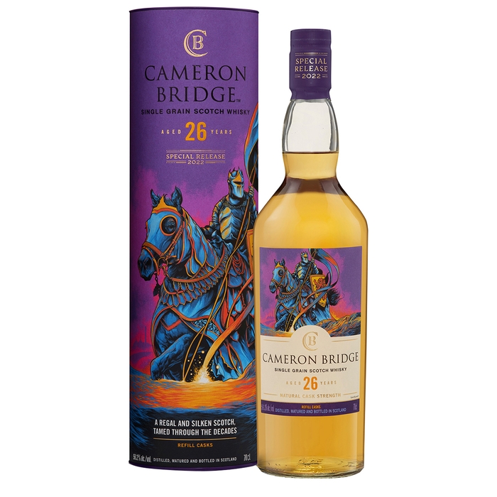 Cameronbridge 2022 Special Release Single Grain 26 Year Old Whisky in a clear bottle, featuring a gold liquid, with a purple cylindrical box adorned with a knight and horse illustration.