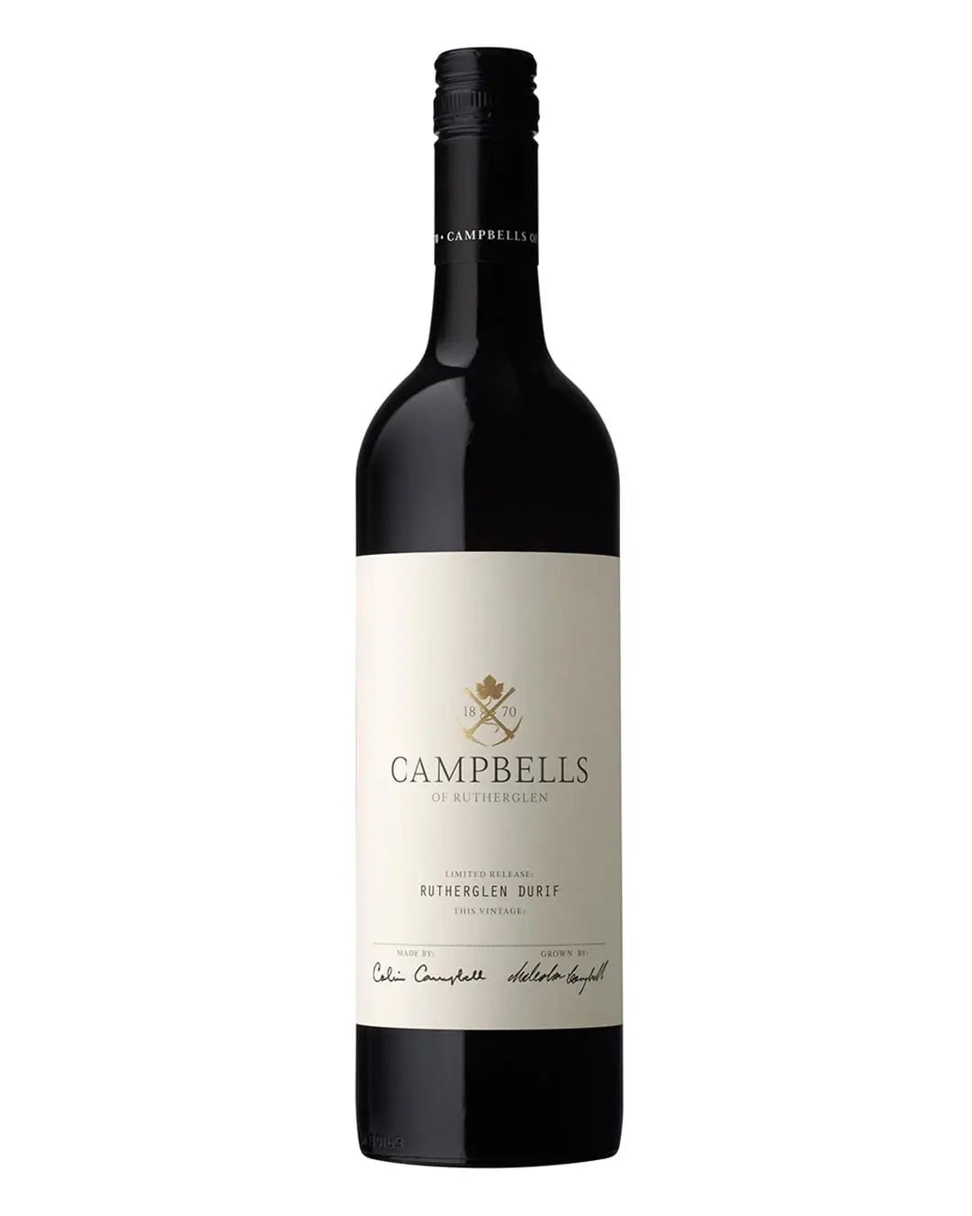 A dark glass bottle of Campbells Limited Release Rutherglen Durif 2021, featuring a white label with gold accents and elegant typography, showcasing the brand and wine details.
