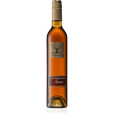 A slender, clear glass bottle of Campbells Rutherglen Topaque, featuring a golden liquid, a gold and black label, and a screw cap, measuring 37.5 cl.