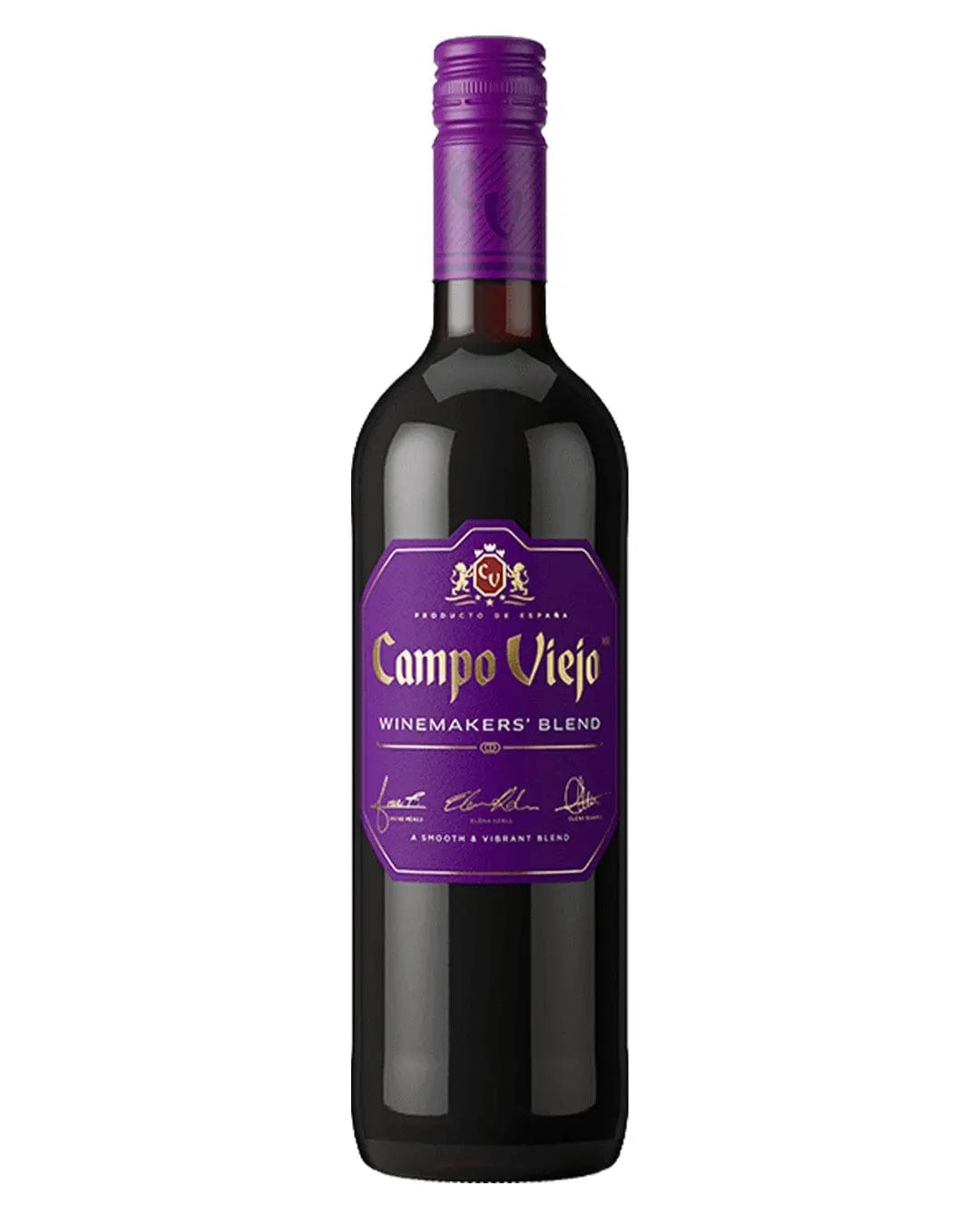 Campo Viejo Winemakers Blend bottle features a sleek dark glass design, a purple label with gold accents, and a matching purple screw cap, emphasizing its vibrant and smooth blend.