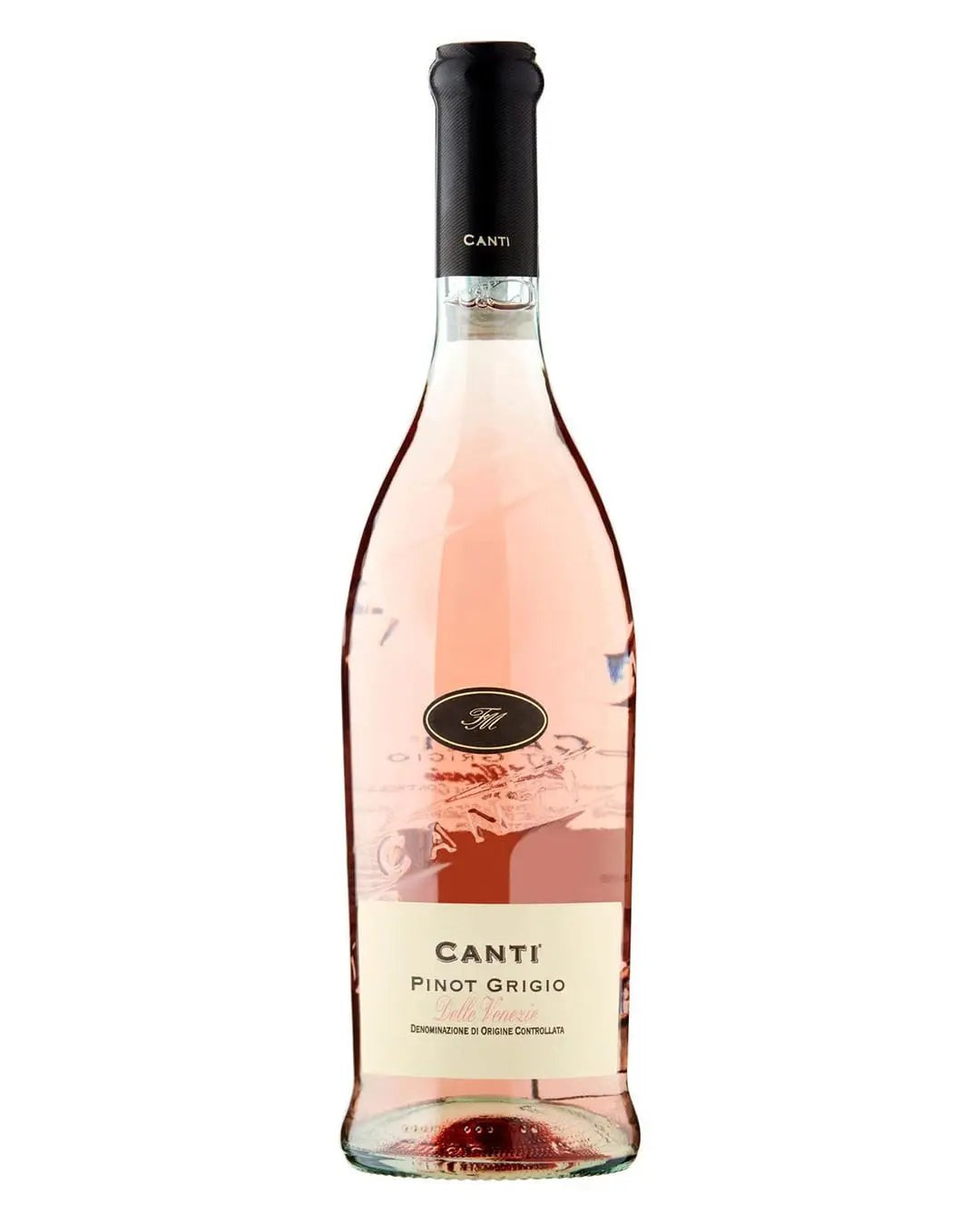 Clear glass bottle of Canti Pinot Grigio Rosé, 75 cl, featuring a pink liquid, a black cap, and an elegant label with the brand name and wine type.